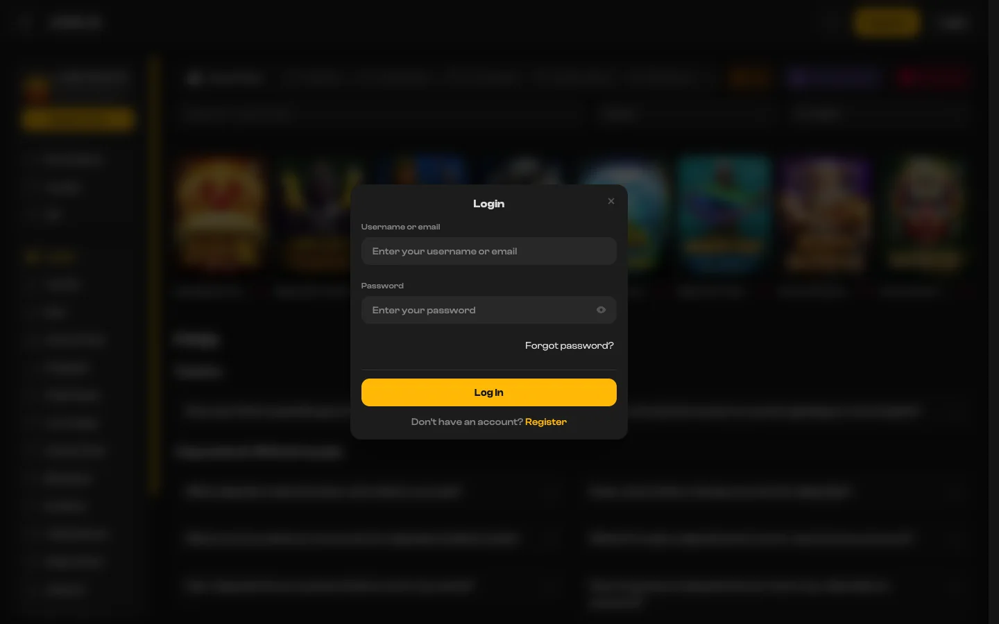 The JokaRoom sign-in box that opens over the mobile casino lobby, with fields for username or email and password