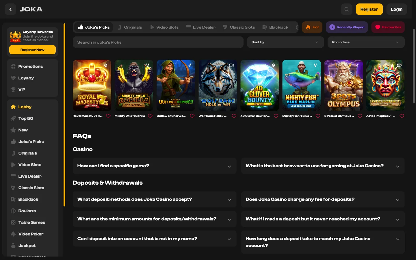 The JokaRoom pokies lobby showing the Joka's Picks row as seen by Australian players